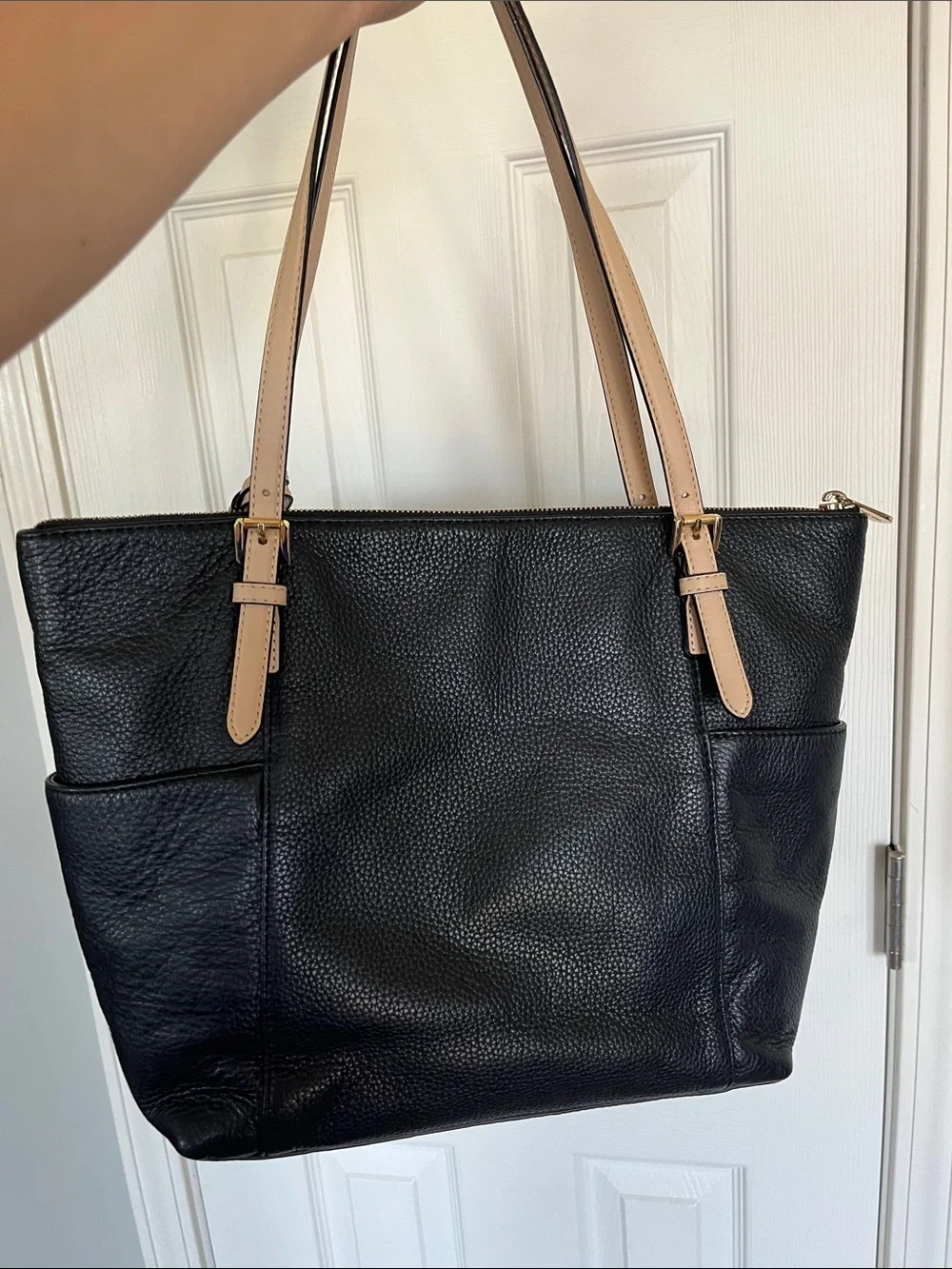 Michael Kors Jet Set Black Leather Tote with Tan Straps and Gold MK Charm